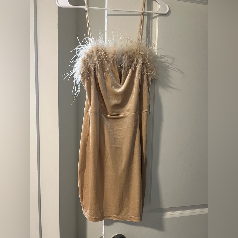 Superdown Strapless Tan Dress with Feather Detail